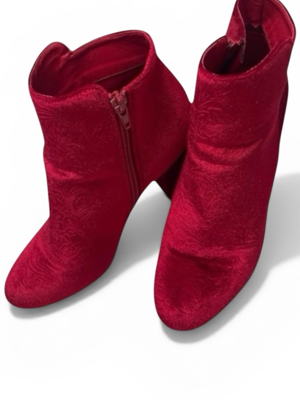 Red Velvet Ankle Boots Paisley Block Heel Booties 7.5 Western Glam